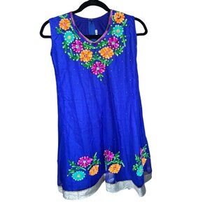 Handmade Embroidered Royal Blue Sleeveless Tunic Dress With Floral Design & Silv